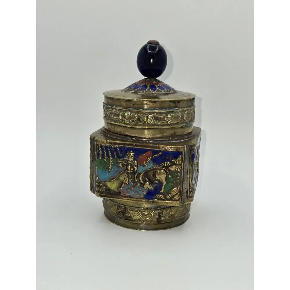 Antique Chinese Brass Enameled Tea Canister‎